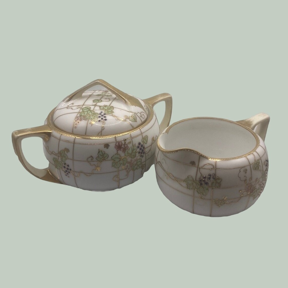 Vintage Porcelain Creamer and Lidded Sugar Bowl Set Gold Trim Grape Vine Design